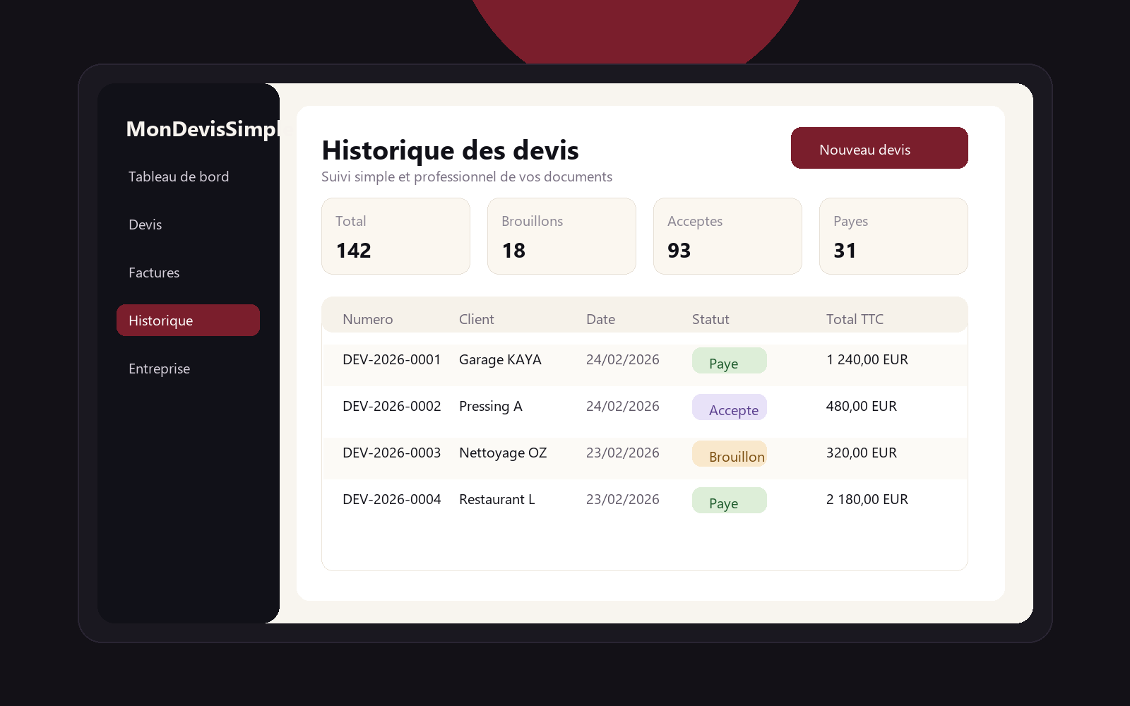 Tableau de bord et historique des devis