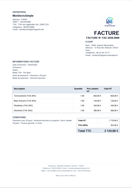 Export PDF professionnel MonDevisSimple